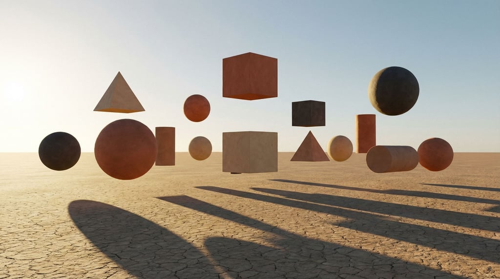 A panoramic composition of floating matte geometric solids in earth tones