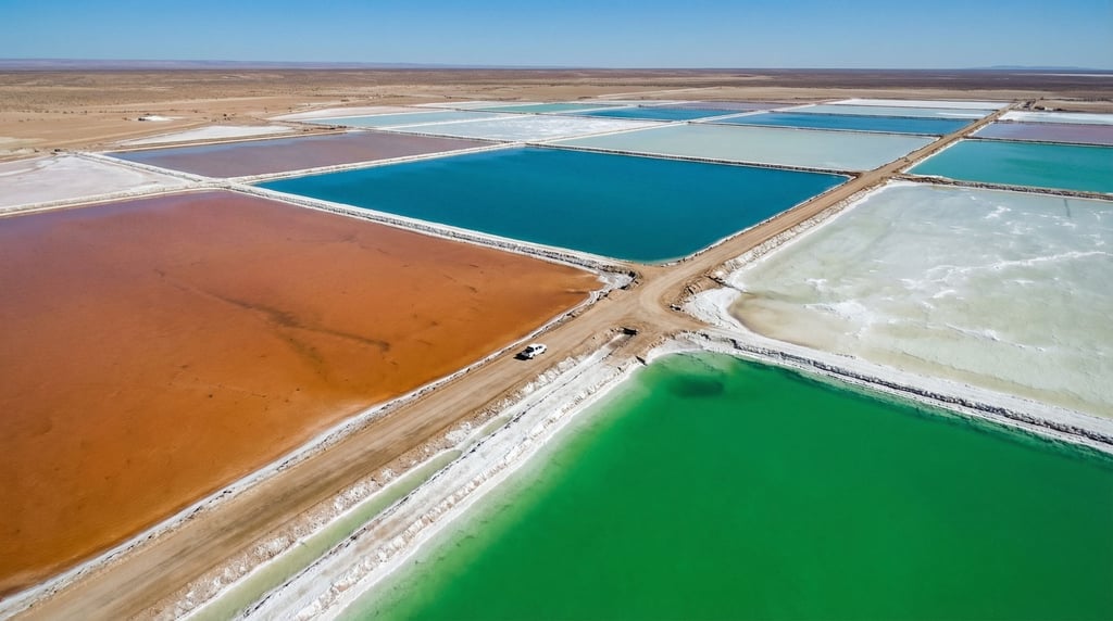 An aerial view of salt evaporation ponds