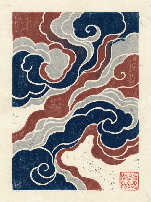 Organic cloud-like forms in areas of flat indigo blue and warm red-brown and pale grey — a woodblock print in the Japanese ukiyo-e tradition depicting pure abstraction