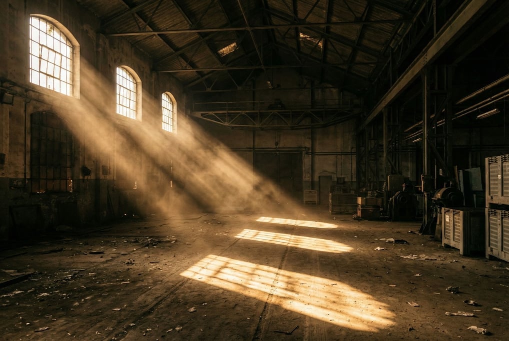 A cinematic wide shot of volumetric light beams in a dusty warehouse space