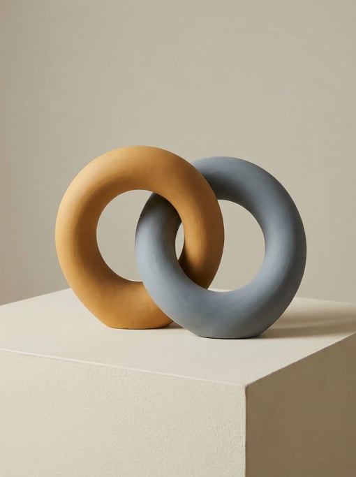 Warm ochre interlocks with cool grey-blue in two massive C-shaped matte ceramic forms — hooked into each other like links in a chain