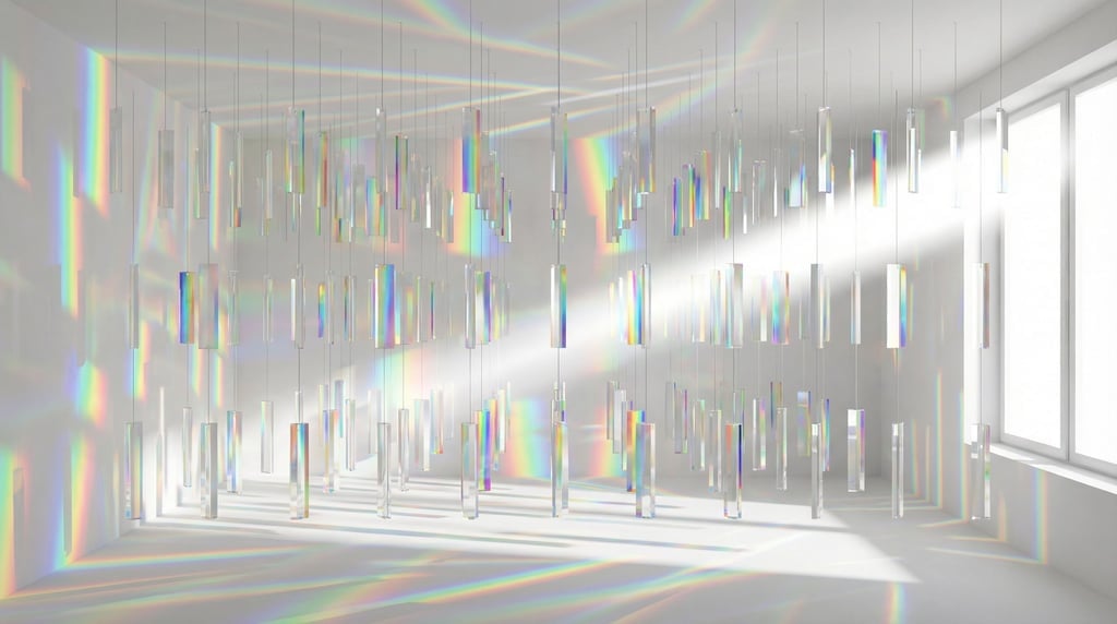 An array of suspended prisms at different heights catching and splitting a beam of white light