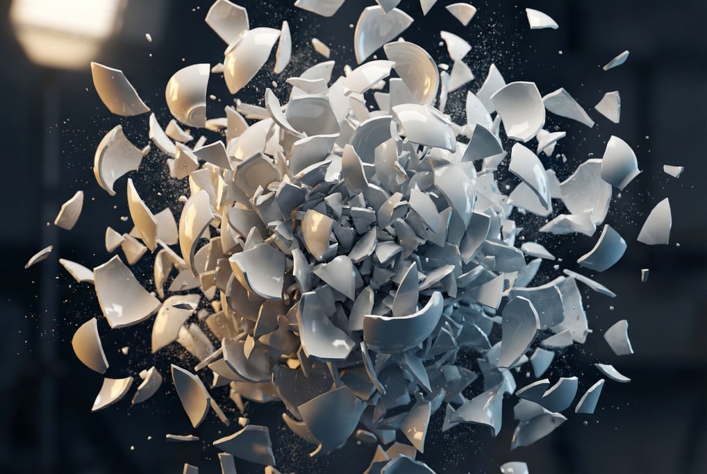 A frozen explosion of white porcelain shards suspended in mid-air