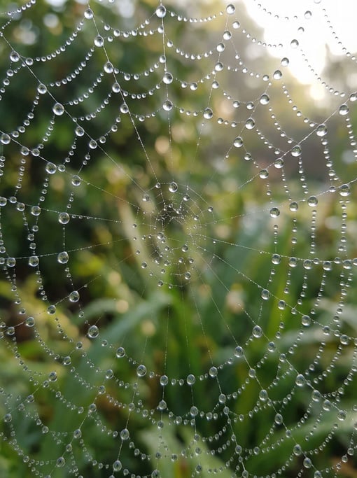 Morning dew transforms a spiderweb into a lens array — each droplet refracting the garden behind it