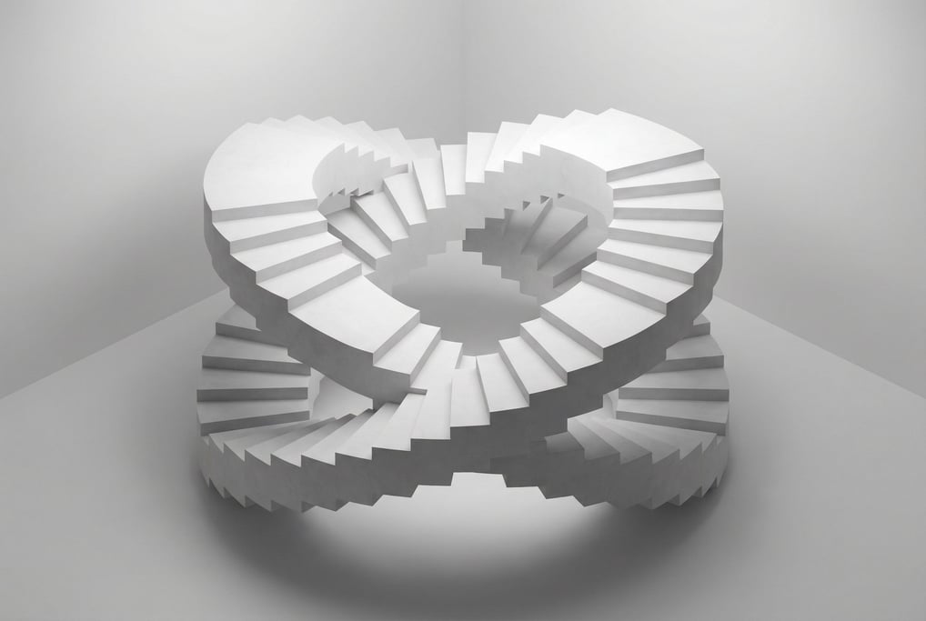 An impossible Escher-like staircase rendered in clean white with soft shadows