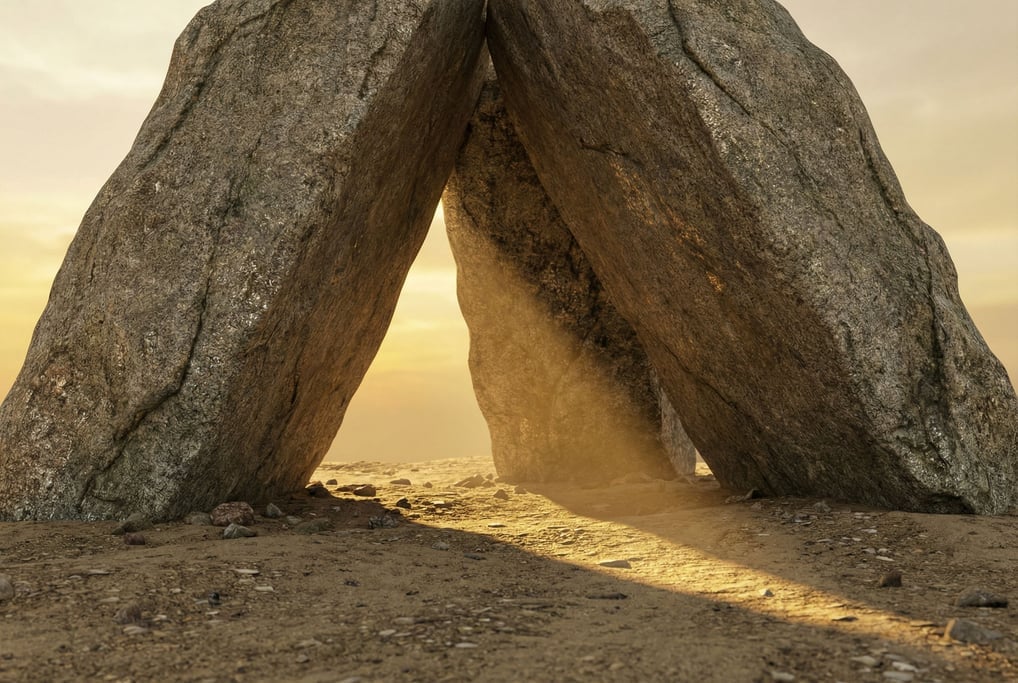 Two massive irregular stone slabs leaning against each other forming an inverted V or tent shape
