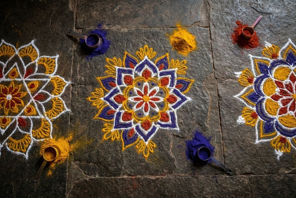 Indian Rangoli powder designs scattered across a dark stone floor