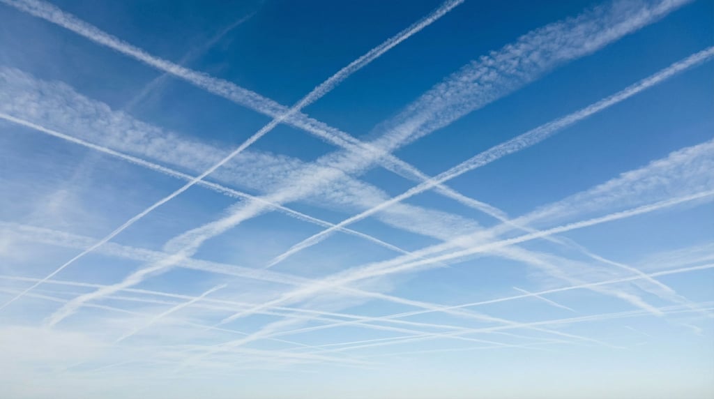 A network of crisscrossing contrails against a gradient blue sky