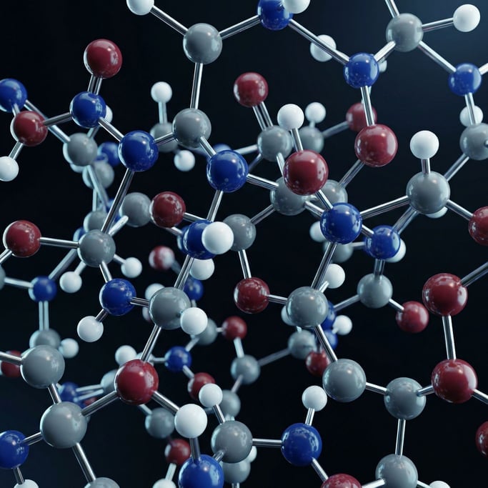 Glossy spheres in chemistry-standard colors — blue nitrogen, red oxygen, grey carbon