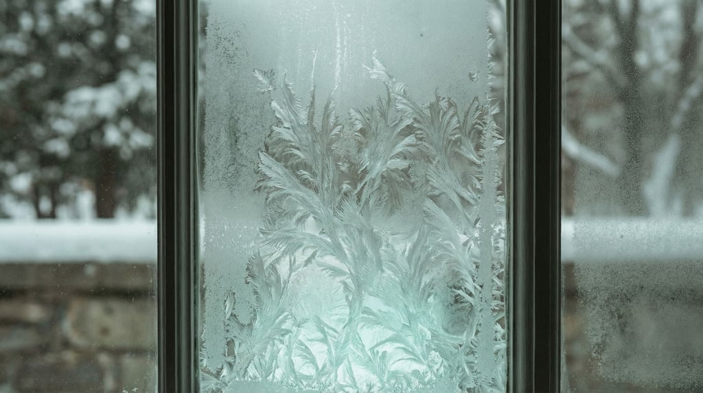 Ice crystals forming on a window pane, fractal patterns backlit by cold morning light (gjrrmvau)