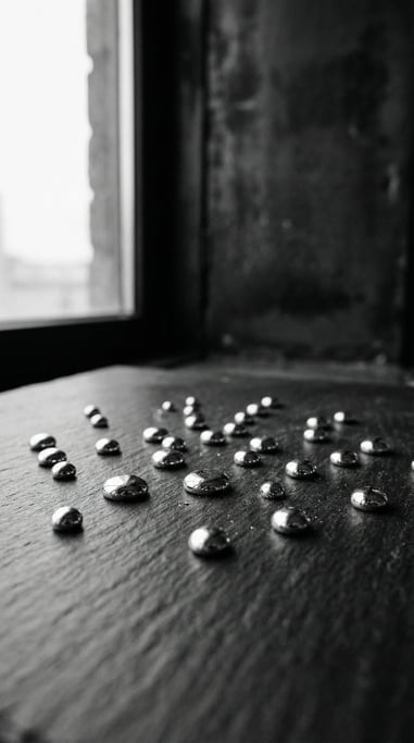 Mercury droplets on a dark surface, liquid metal reflecting cool ambient light (t6bvch6v)