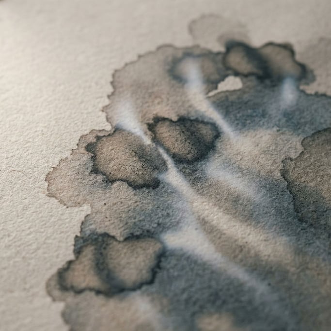 Spilled coffee creating organic stain patterns on textured paper, overhead macro view (y1webwbx)