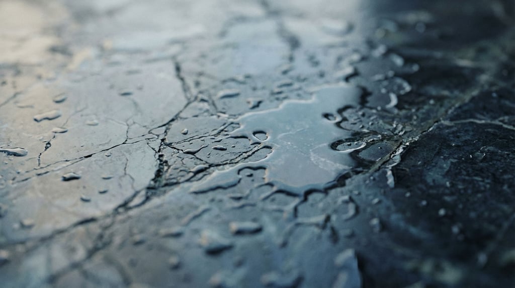 Wet marble surface with water pooling in natural veins and cracks, overhead view (nm6)