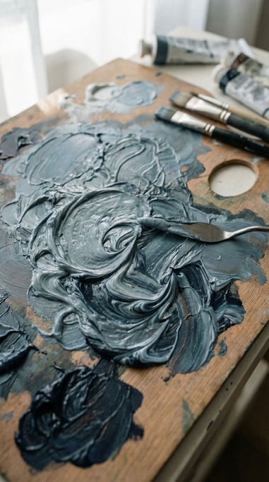 Thick oil paint being mixed on a palette, swirling veins of color caught mid-motion (ypq8bpu5)