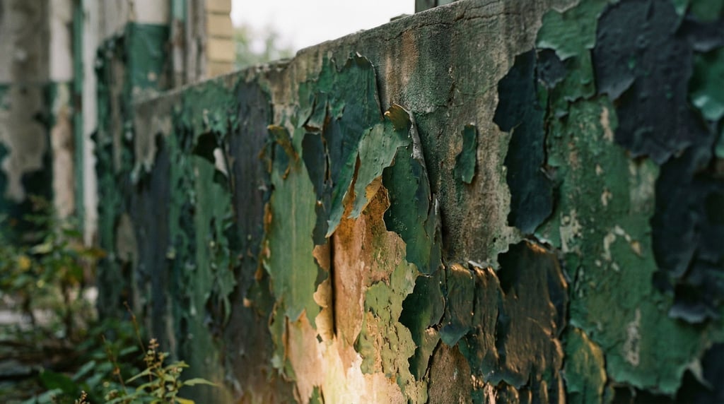 Peeling paint on a weathered wall revealing layers of color underneath, texture and decay (cyekr6ie)