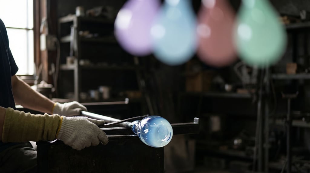 Molten glass being shaped by a glassblower, glowing blue-white against a dark workshop (u6nkfq20)