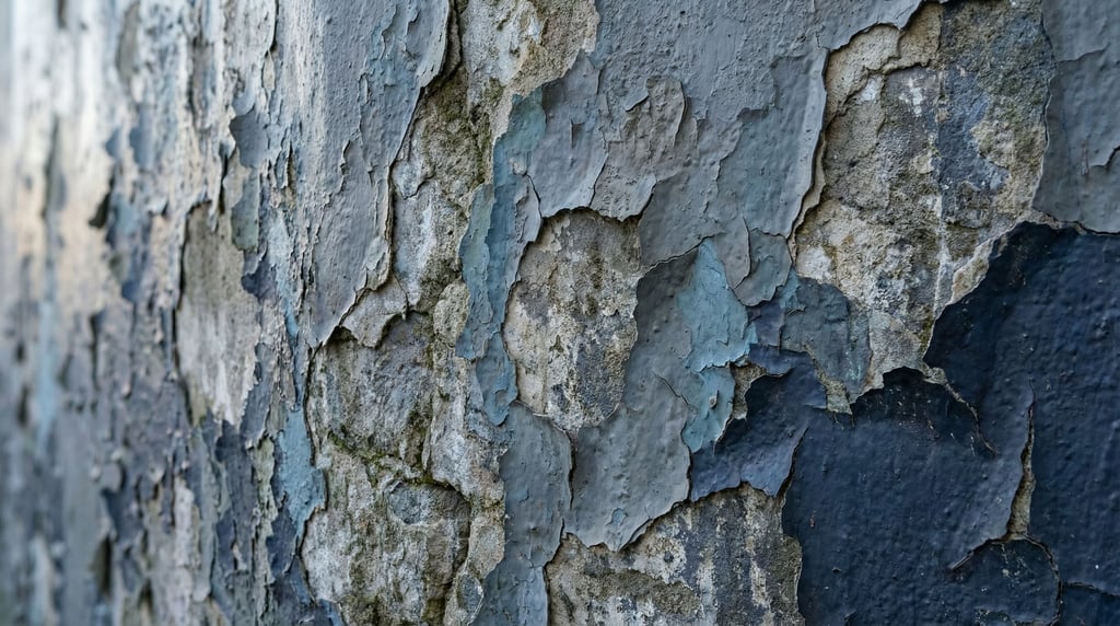 Peeling paint on a weathered wall revealing layers of color underneath, texture and decay (svaujq7z)