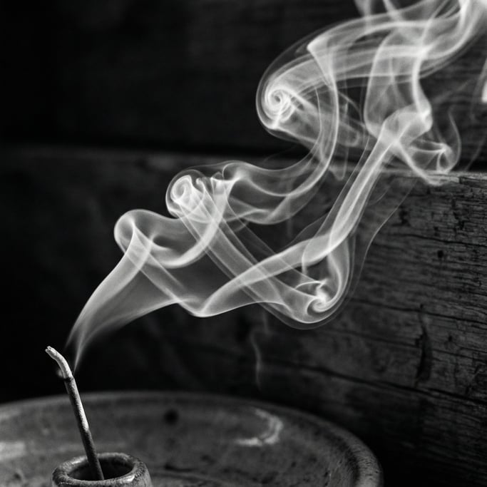 Smoke rising from incense in a shaft of window light, swirling patterns frozen in time (bgjm6p0f)