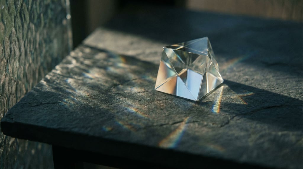 Light refracting through a crystal prism, rainbow caustics scattered across a dark surface (mapycyy9)