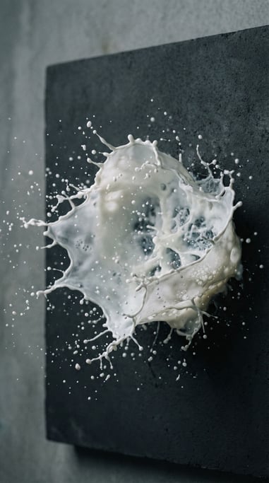 Splashed milk on a dark surface, frozen mid-air, stark white against matte black (tjfzgal0)