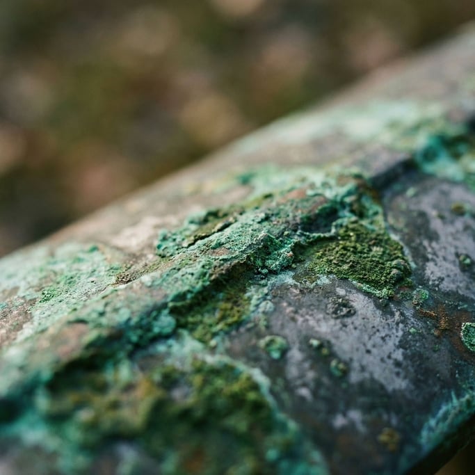 A close-up of oxidized copper surface, verdigris green against dark metallic gray (cg6iidwp)