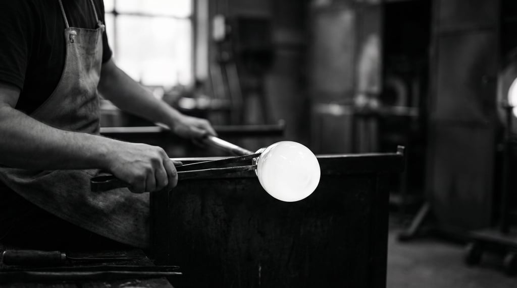 Molten glass being shaped by a glassblower, glowing blue-white against a dark workshop