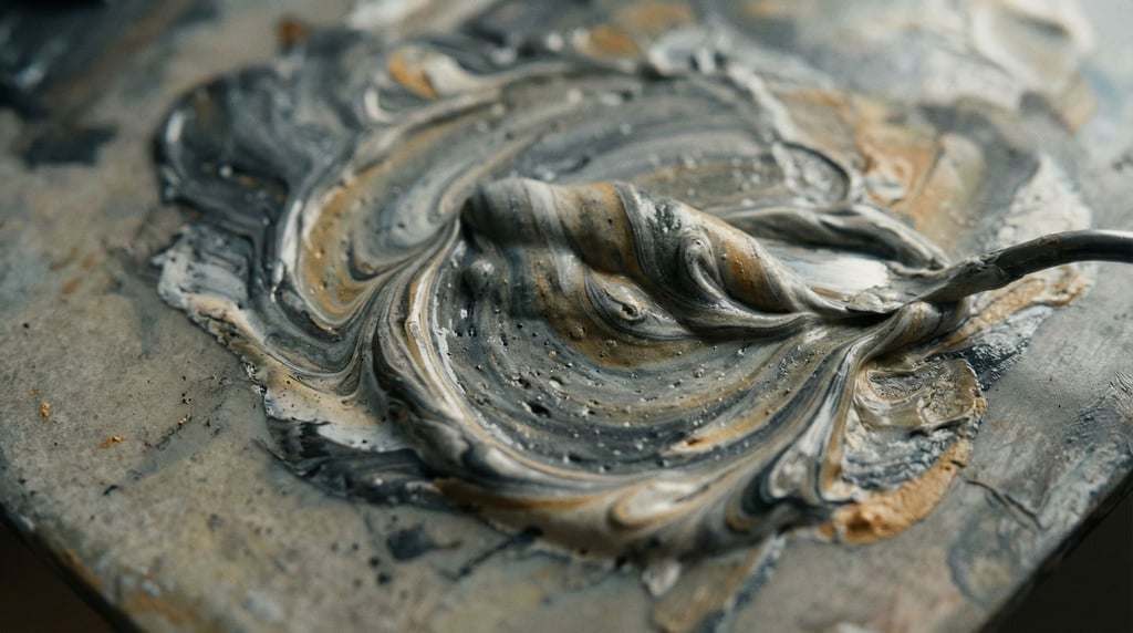 Thick oil paint being mixed on a palette, swirling veins of color caught mid-motion