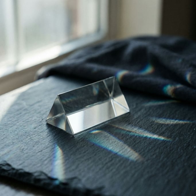 Light refracting through a crystal prism, rainbow caustics scattered across a dark surface (qdf8dbar)