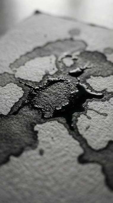 Spilled coffee creating organic stain patterns on textured paper, overhead macro view