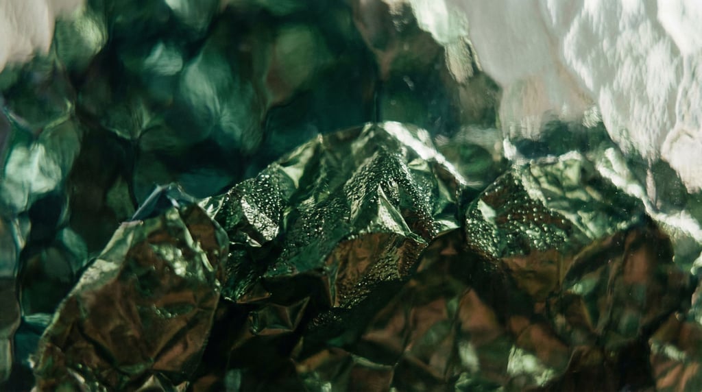 Crumpled metallic foil catching soft directional light, tiny mountains of micro-reflections (00f0nil)