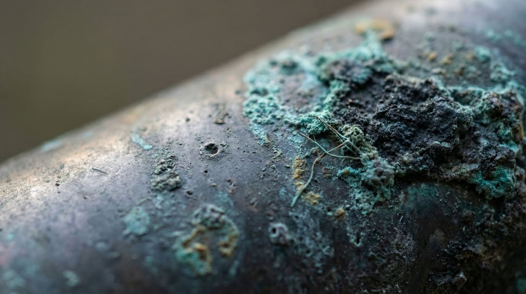 A close-up of oxidized copper surface, verdigris green against dark metallic gray