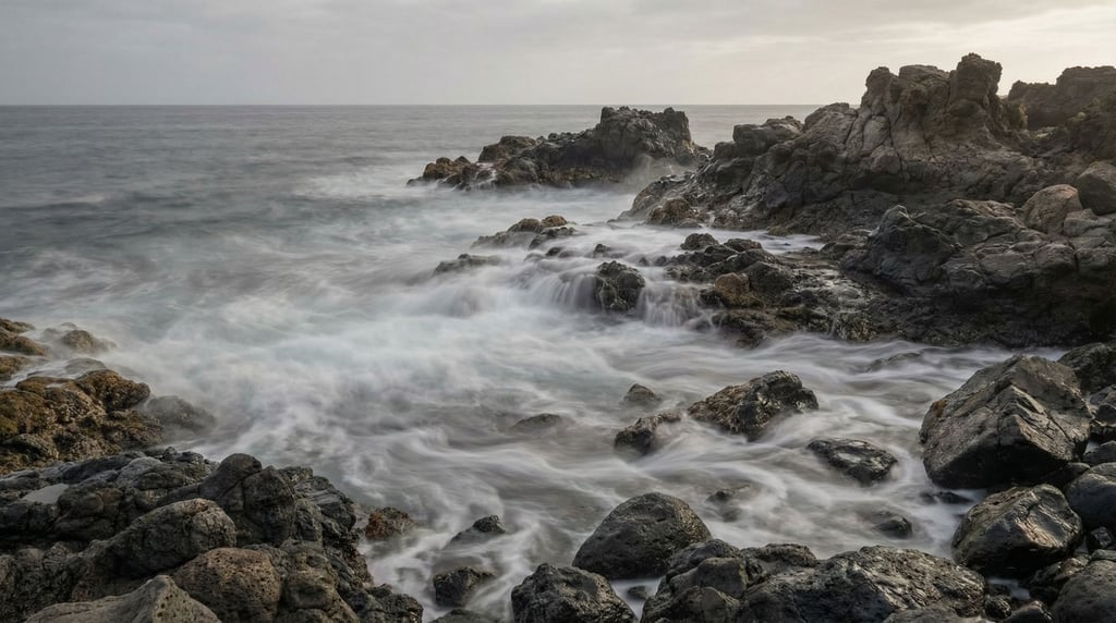 Ocean waves over black volcanic rock, long exposure turning water to silk (e4axqrmv)