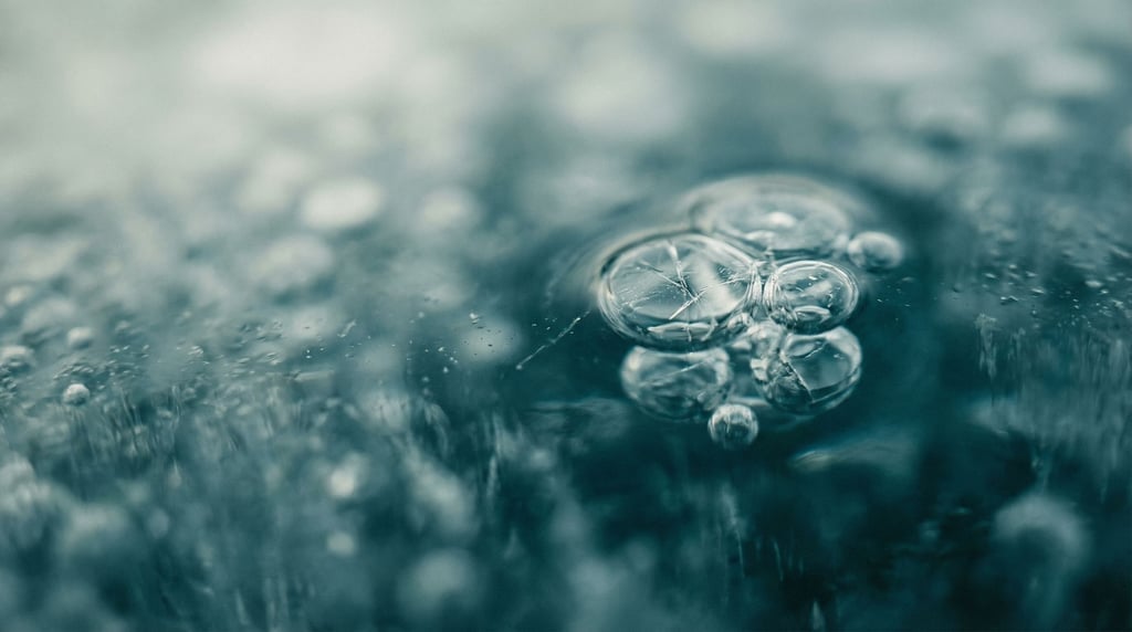 Frozen air bubbles trapped in clear blue ice, macro shot, cool crystalline tones (2lt)