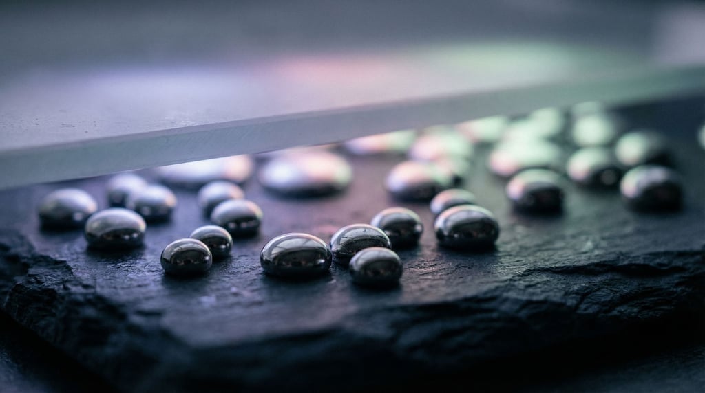 Mercury droplets on a dark surface, liquid metal reflecting cool ambient light (esmsogci)