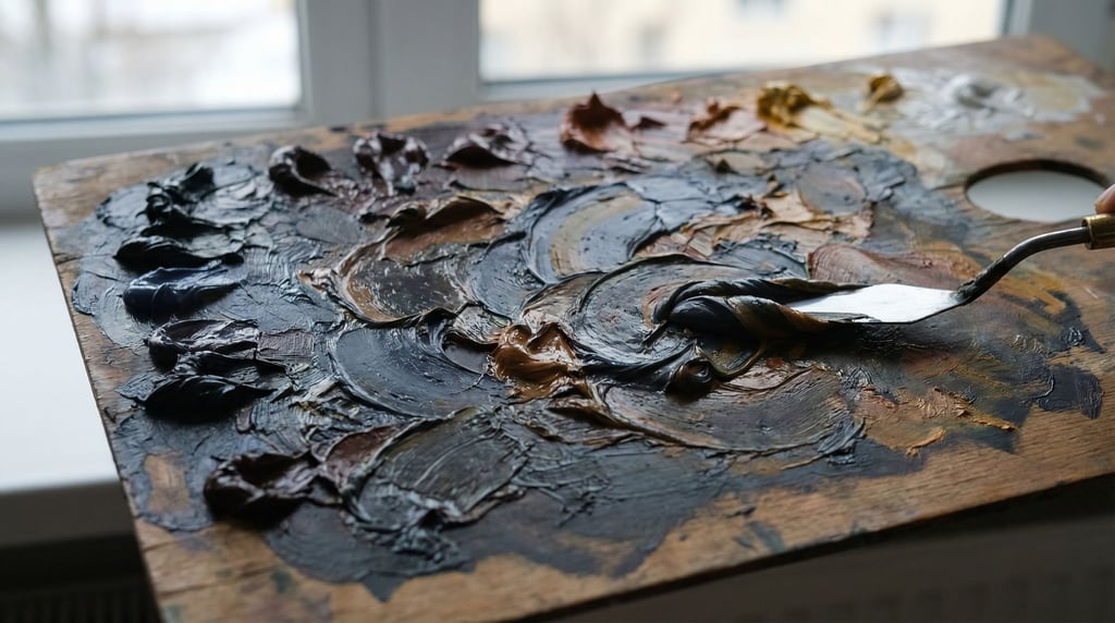 Thick oil paint being mixed on a palette, swirling veins of color caught mid-motion (bb0jenmb)