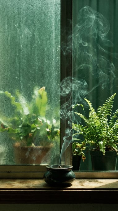 Smoke rising from incense in a shaft of window light, swirling patterns frozen in time