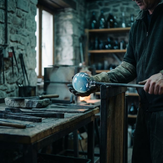 Molten glass being shaped by a glassblower, glowing blue-white against a dark workshop (unupgcsw)