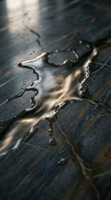 Wet marble surface with water pooling in natural veins and cracks, overhead view (yquzkvp0)
