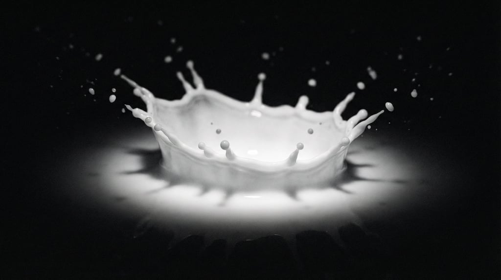 Splashed milk on a dark surface, frozen mid-air, stark white against matte black