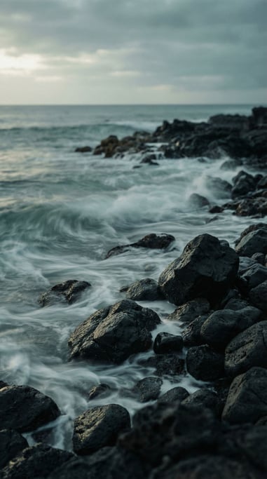 Ocean waves over black volcanic rock, long exposure turning water to silk (xughnmw4)