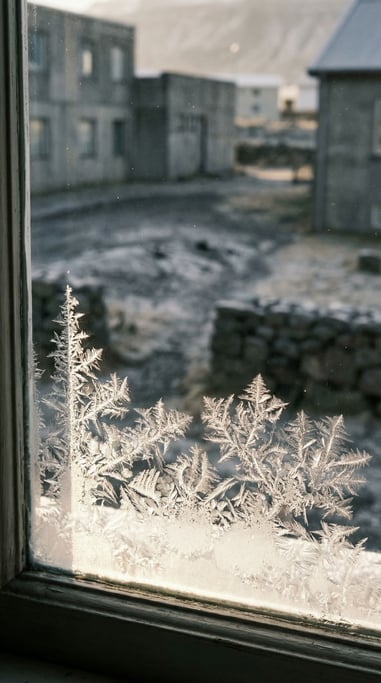 Ice crystals forming on a window pane, fractal patterns backlit by cold morning light (b4sbeoj9)