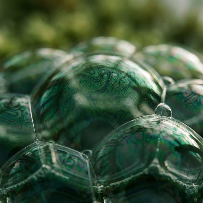 Macro shot of soap bubbles, iridescent surface tension and interference patterns (dyzac0r)