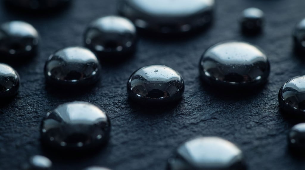Mercury droplets on a dark surface, liquid metal reflecting cool ambient light (zdavw4ro)