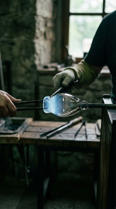 Molten glass being shaped by a glassblower, glowing blue-white against a dark workshop (afdejmkq)