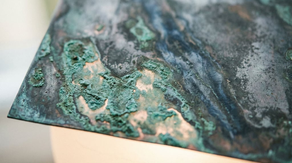 A close-up of oxidized copper surface, verdigris green against dark metallic gray (2rdo3wg9)