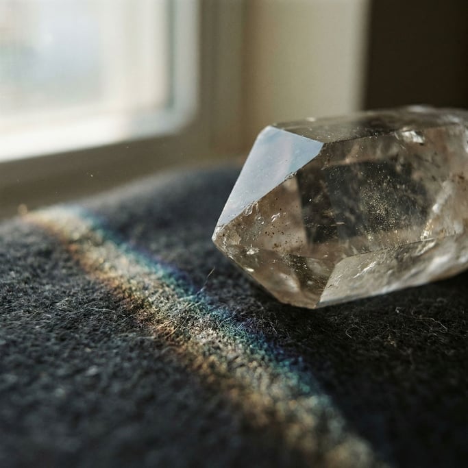 Light refracting through a crystal prism, rainbow caustics scattered across a dark surface (5wwzw2uw)