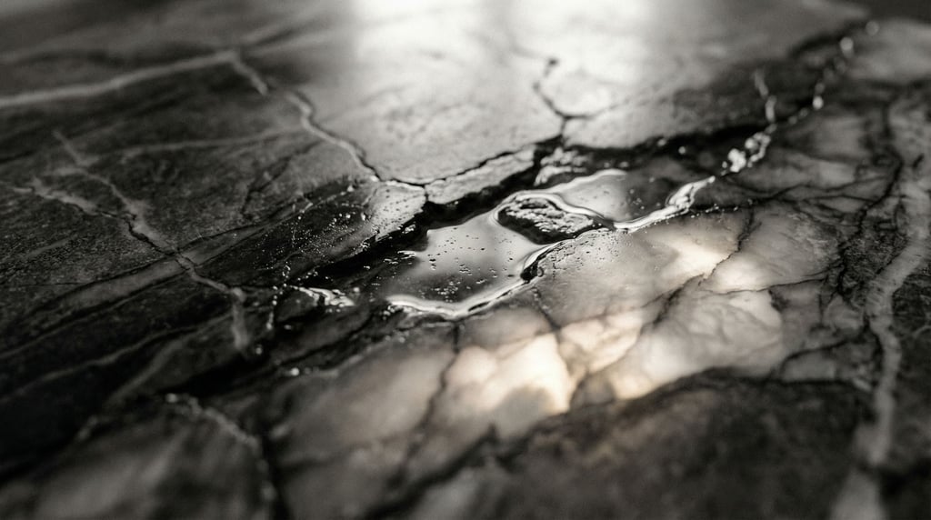 Wet marble surface with water pooling in natural veins and cracks, overhead view (zkixjbes)