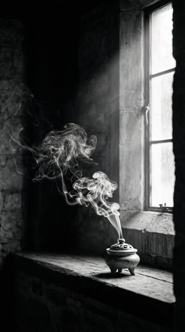 Smoke rising from incense in a shaft of window light, swirling patterns frozen in time (zdrhqin)
