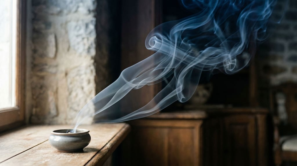 Smoke rising from incense in a shaft of window light, swirling patterns frozen in time (nuyx)