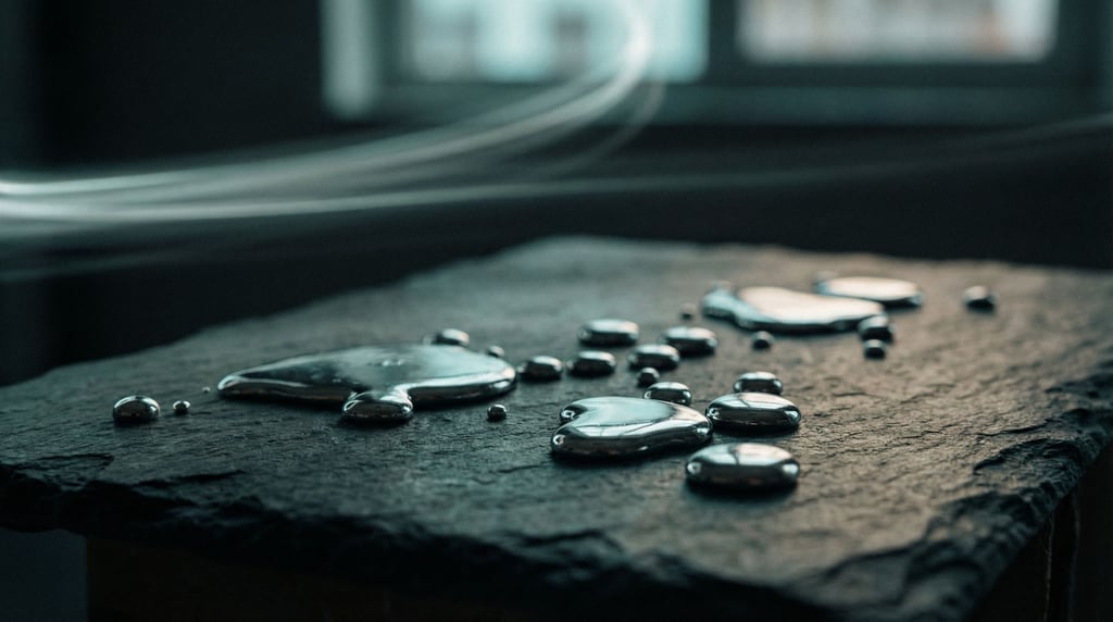 Mercury droplets on a dark surface, liquid metal reflecting cool ambient light (ozlore6a)